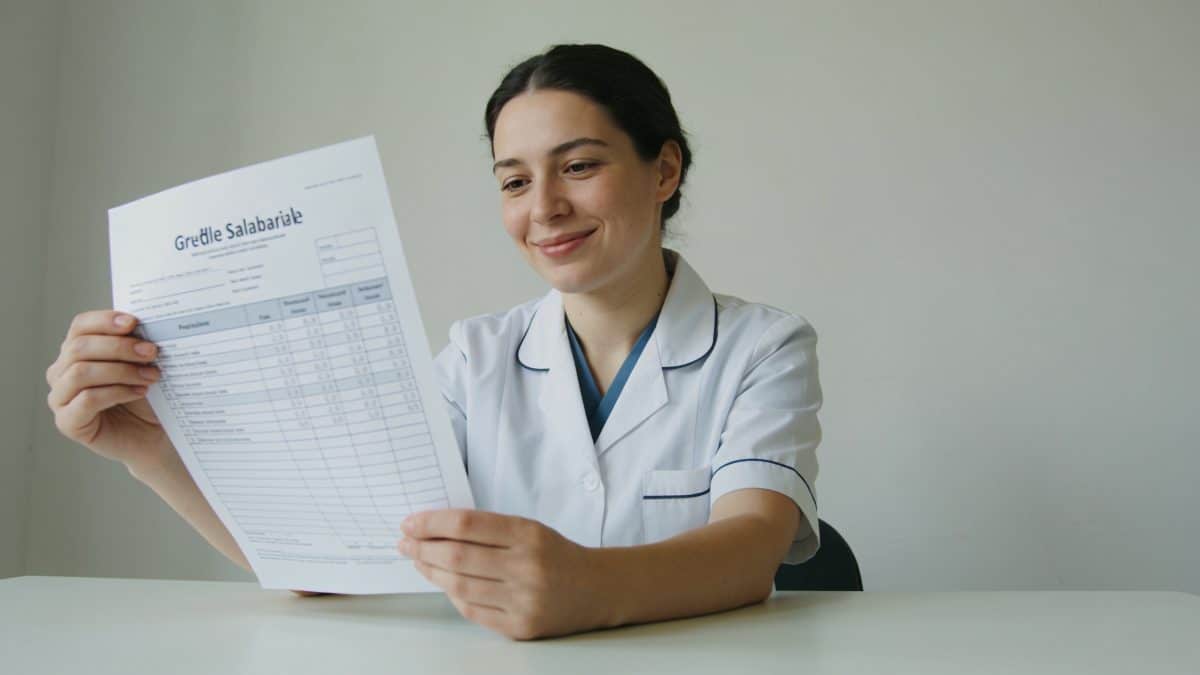 Aide soignante souriante consulte grille salariale imprimee