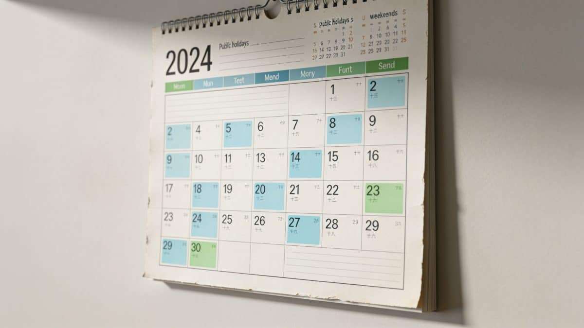 Calendrier mural 2024 avec jours feries surlignes