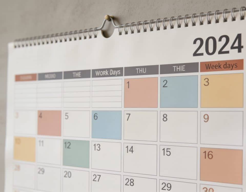calendrier mural 2024 avec jours travailles surlignes