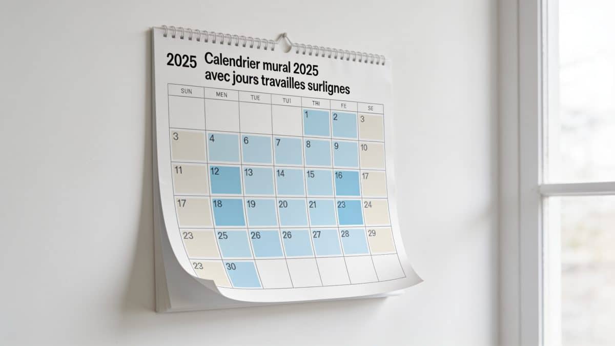 Calendrier mural 2025 avec jours travailles surlignes