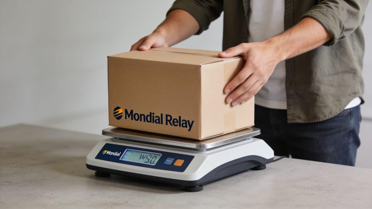 Client pesant un carton sur balance numerique Mondial Relay