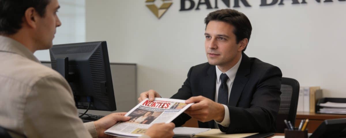Client assis devant conseiller bancaire annulant abonnement magazine