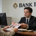 Client assis devant conseiller bancaire annulant abonnement magazine