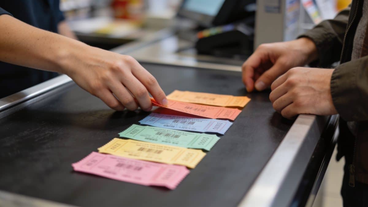 Client tend des coupons papier colorés a la caisse