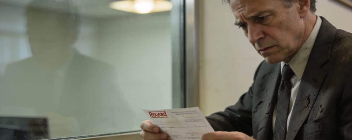 commercant inquiet examinant cheque refuse devant guichet banque