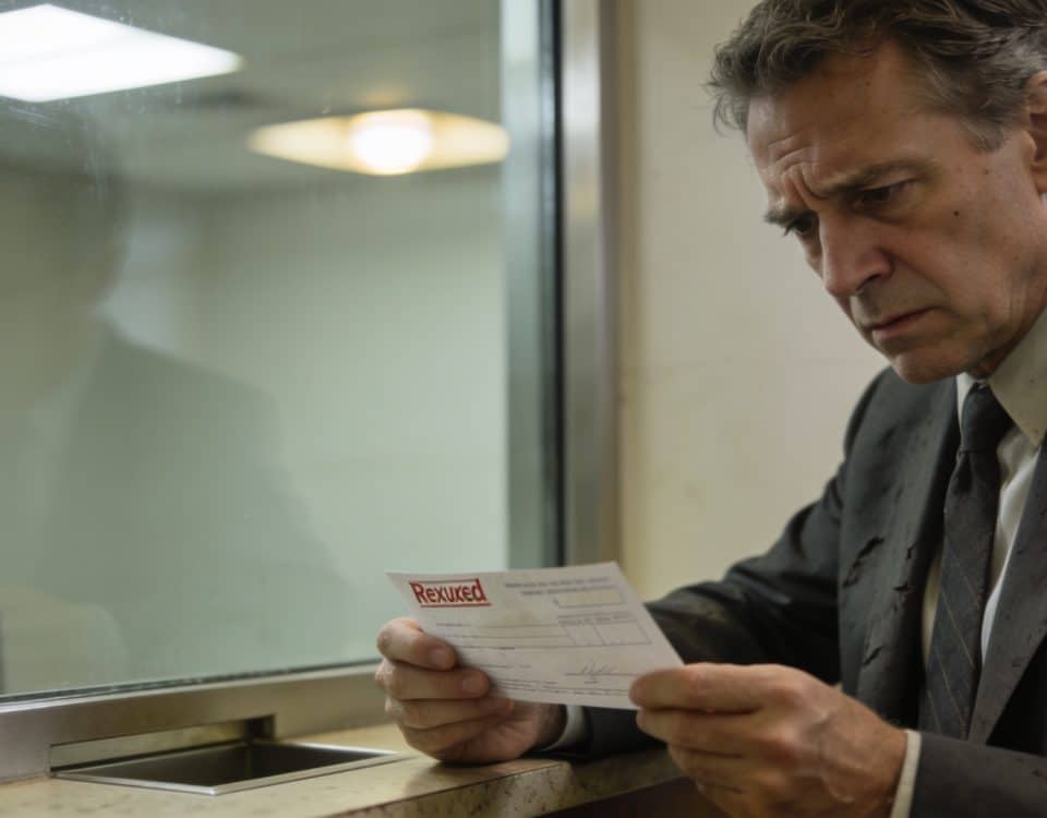 commercant inquiet examinant cheque refuse devant guichet banque