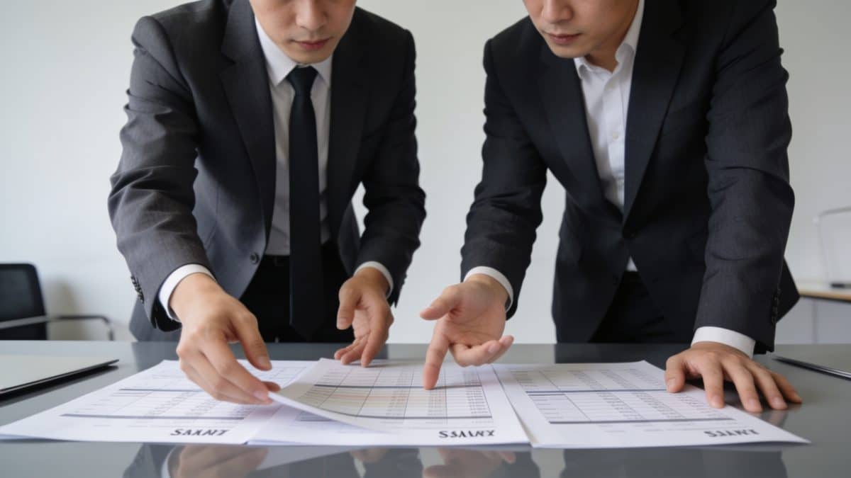 Deux comptables en costume comparent graphiques de salaires