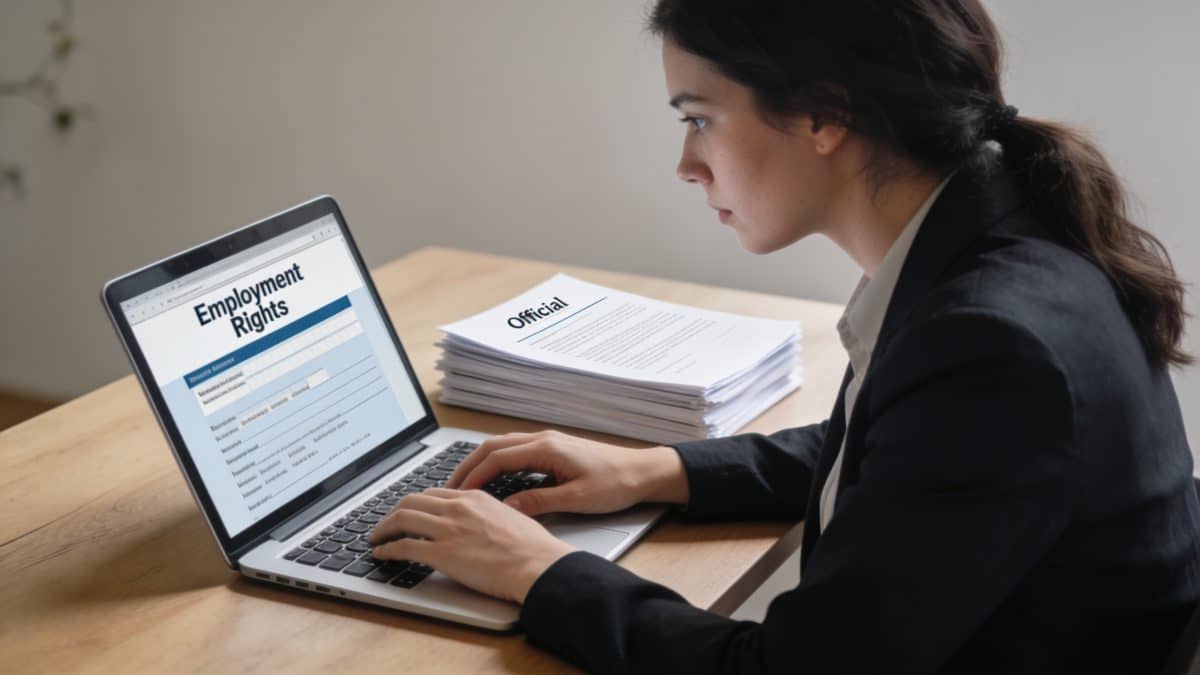 Demandeuse d emploi consulte ses droits sur ordinateur