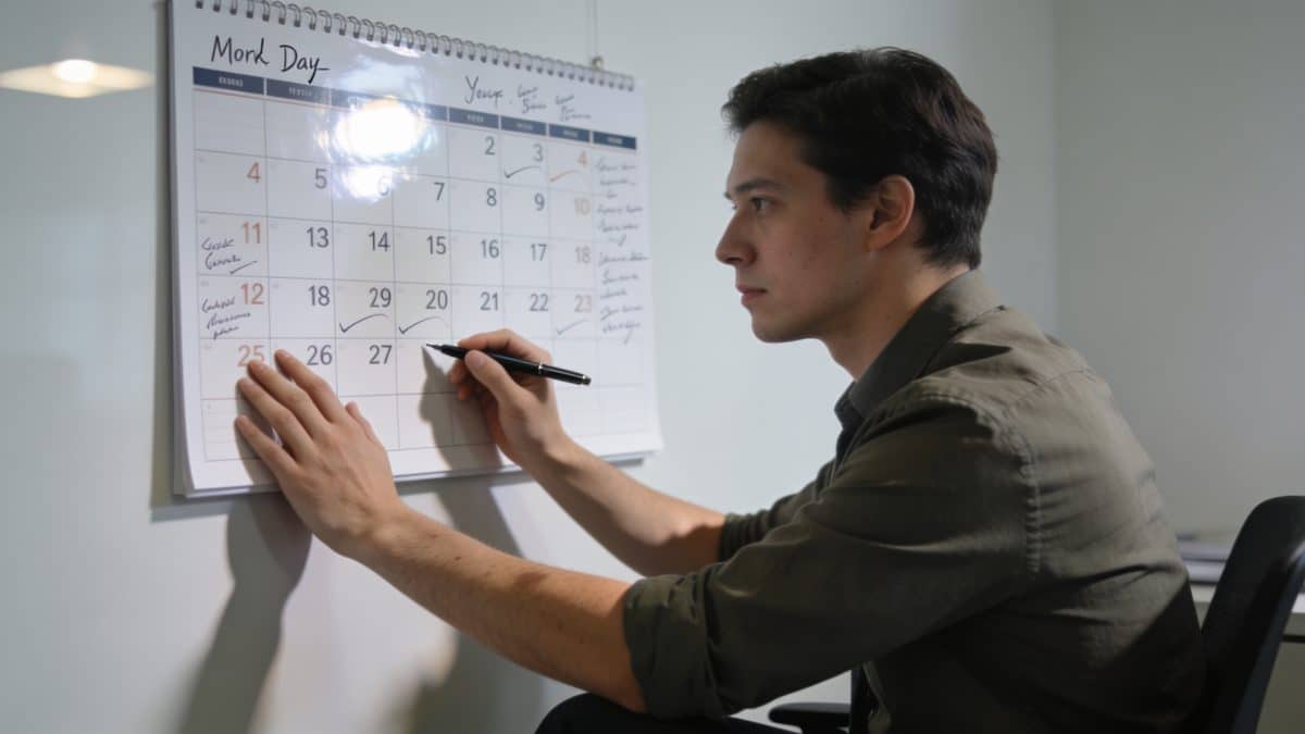 Employe de bureau calculant jours de travail sur calendrier