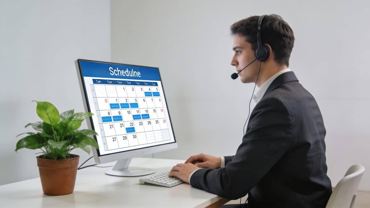 Employe centre appels verifiant horaire sur ecran