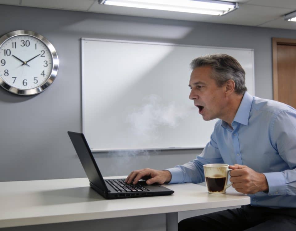 Employe essouffle courant vers horloge murale du bureau