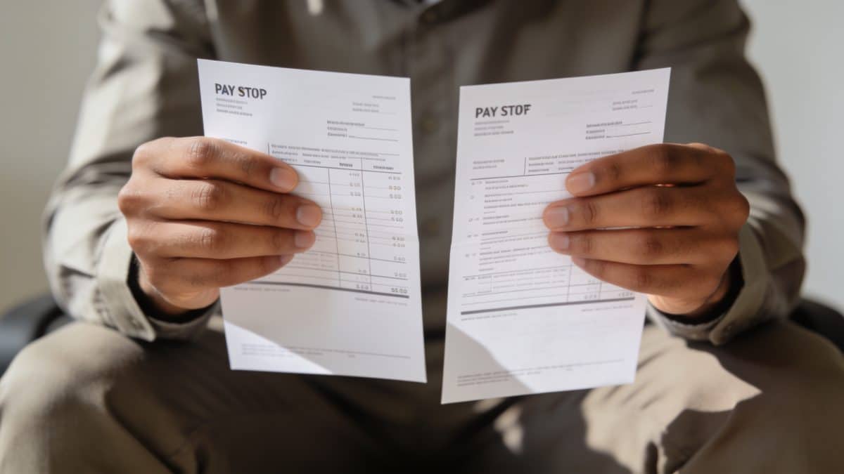 Employe examine deux fiches de paie detaillees