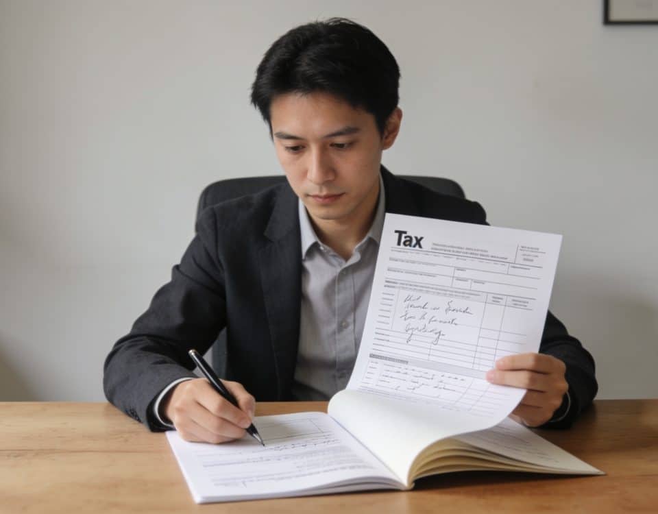 Employe assis remplissant formulaire fiscal sur bureau