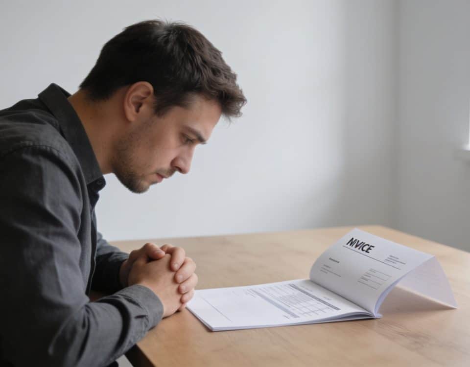 Employe freelance pensif devant bureau vide et facture