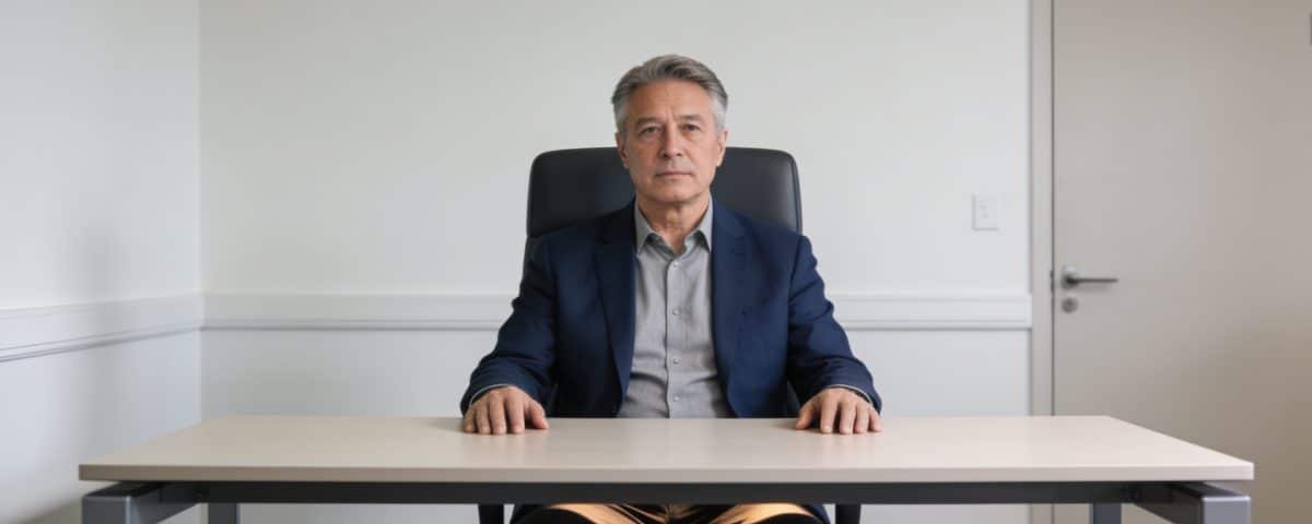 Employe quinquagenaire assis devant bureau vide