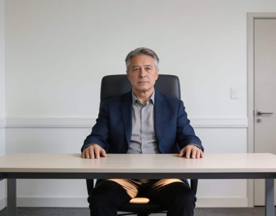 Employe quinquagenaire assis devant bureau vide