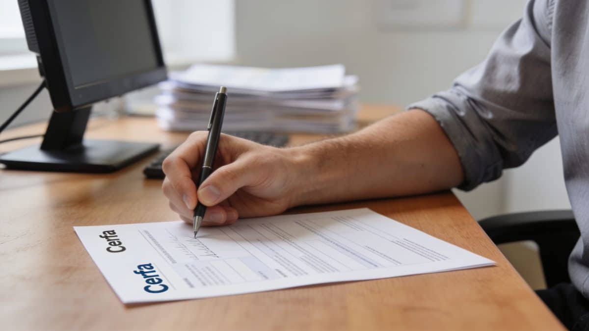 Employe signant formulaire cerfa sur bureau administratif