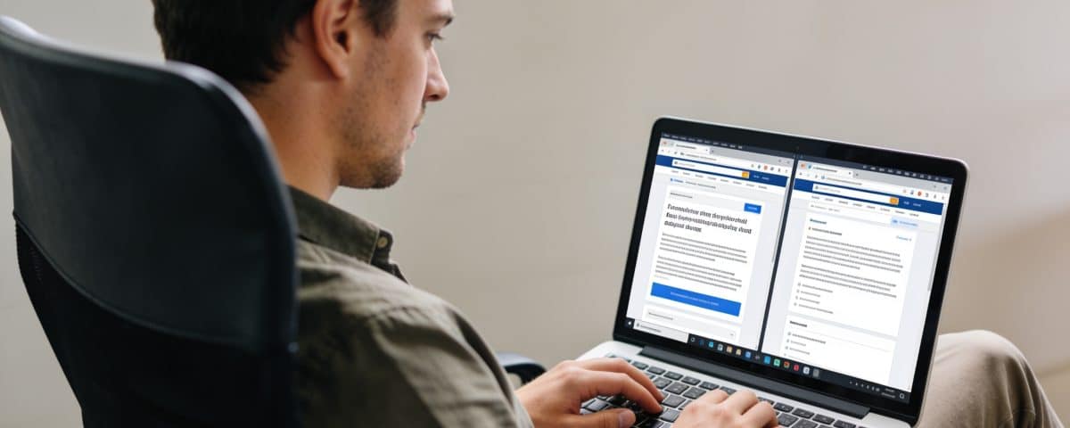Entrepreneur assis devant ordinateur comparant deux sites internet