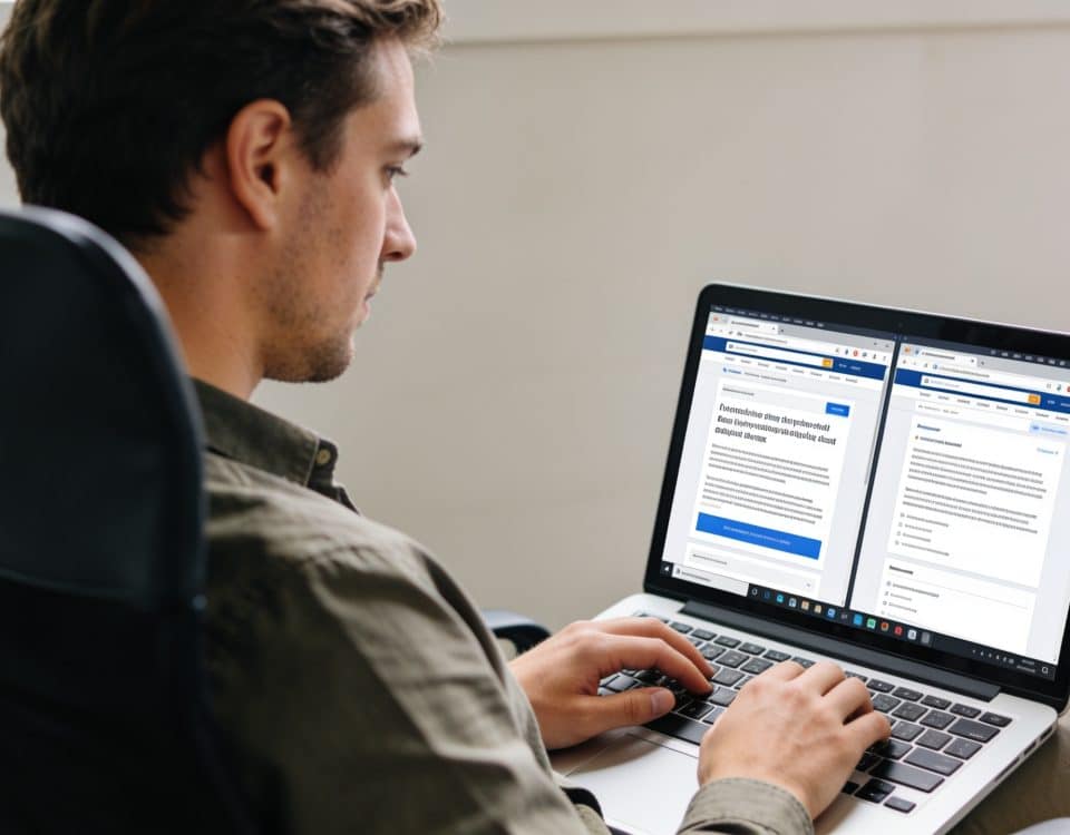 Entrepreneur assis devant ordinateur comparant deux sites internet