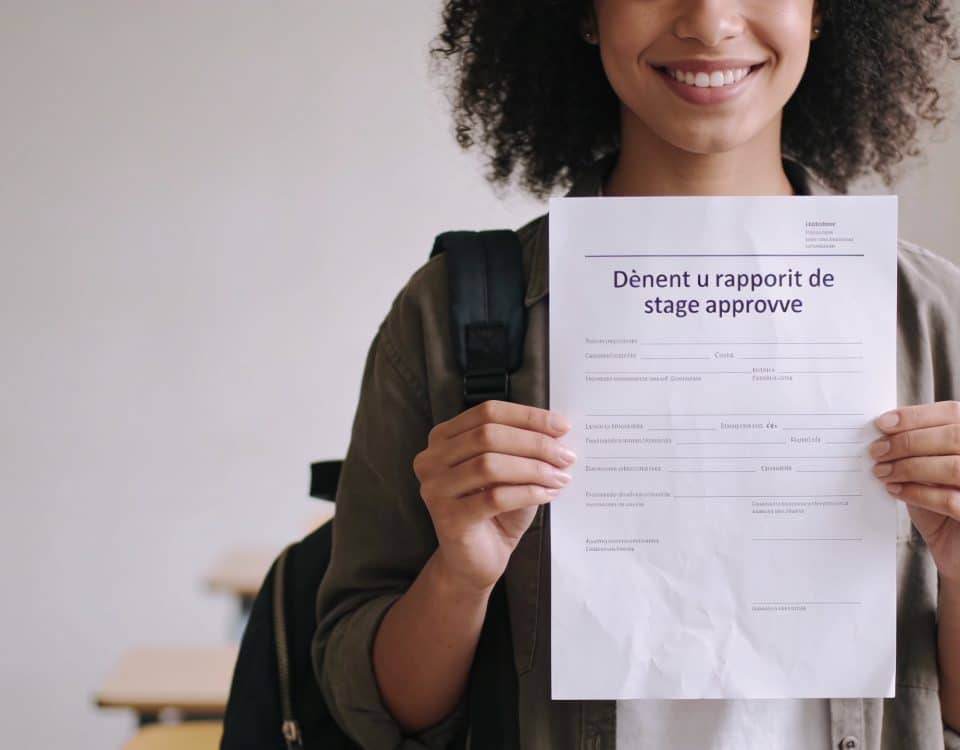 etudiante souriante tenant un rapport de stage approuve