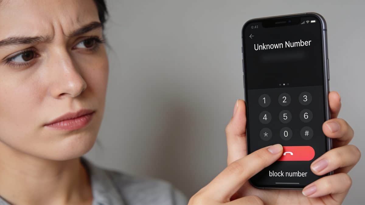 Femme agacee bloque un numero inconnu sur smartphone