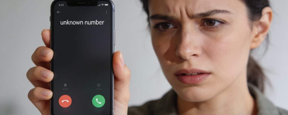 Femme agacee regarde ecran smartphone affichant numero inconnu