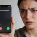 Femme agacee regarde ecran smartphone affichant numero inconnu