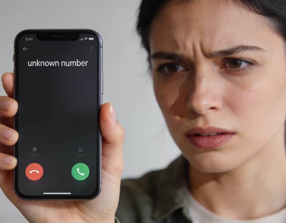 Femme agacee regarde ecran smartphone affichant numero inconnu