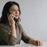 femme assise au bureau repondant a un appel