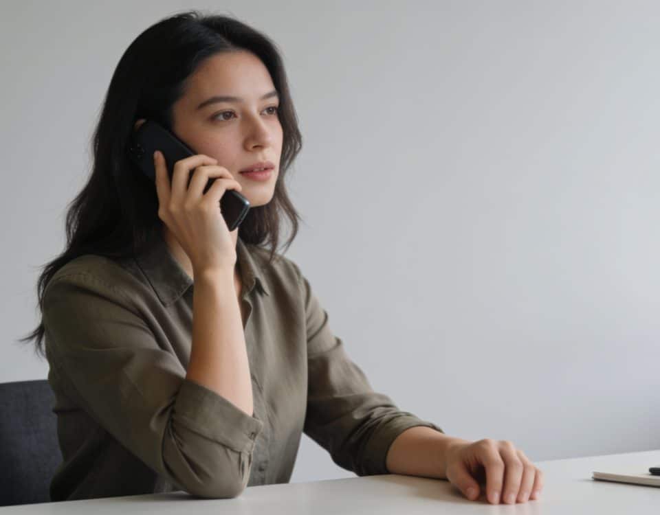femme assise au bureau repondant a un appel