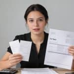 Femme assise bureau declarant tickets restaurant impots