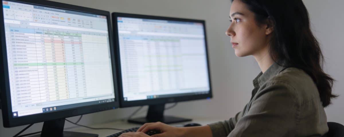 femme assise devant double ecran verifiant feuilles de calcul