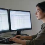 femme assise devant double ecran verifiant feuilles de calcul