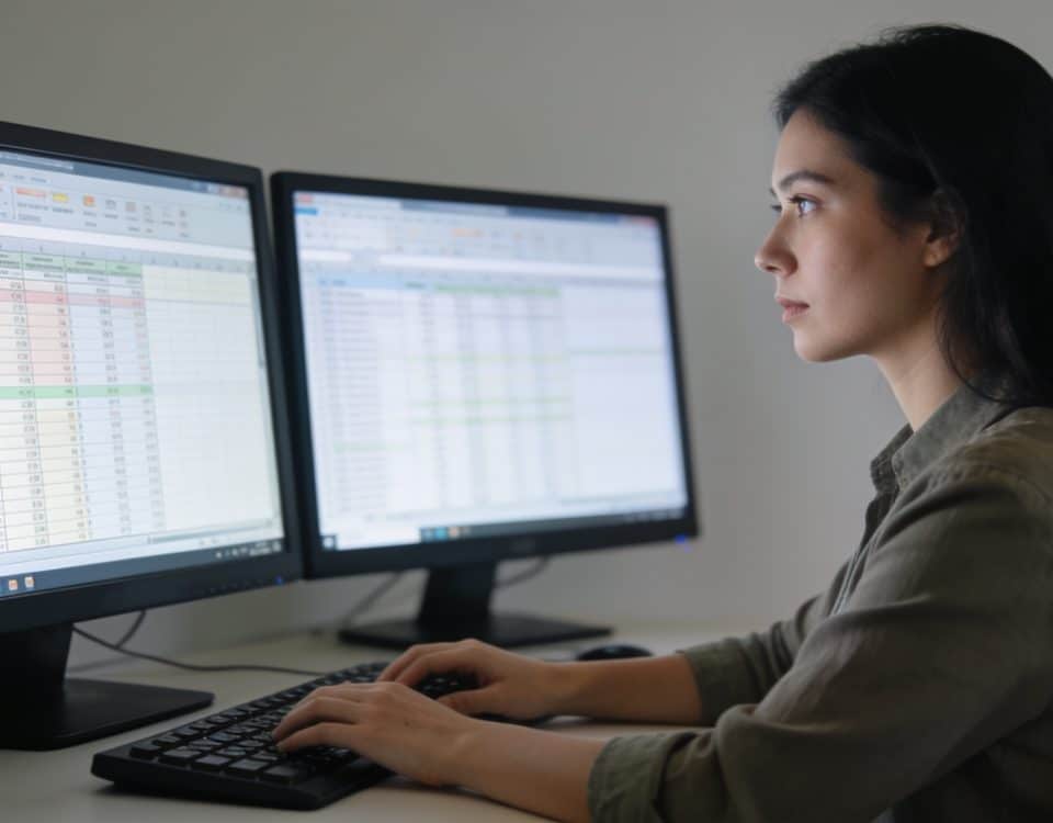 femme assise devant double ecran verifiant feuilles de calcul
