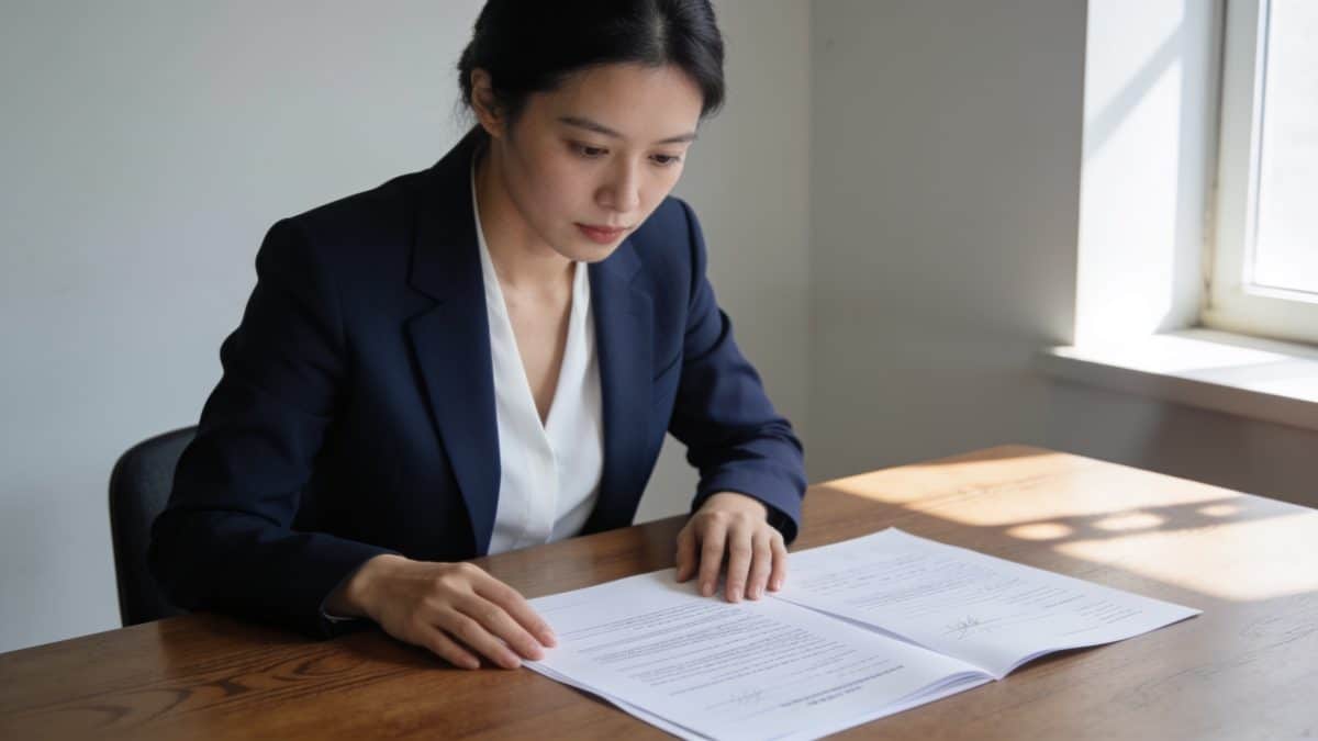 Femme assise a table examinant documents officiels