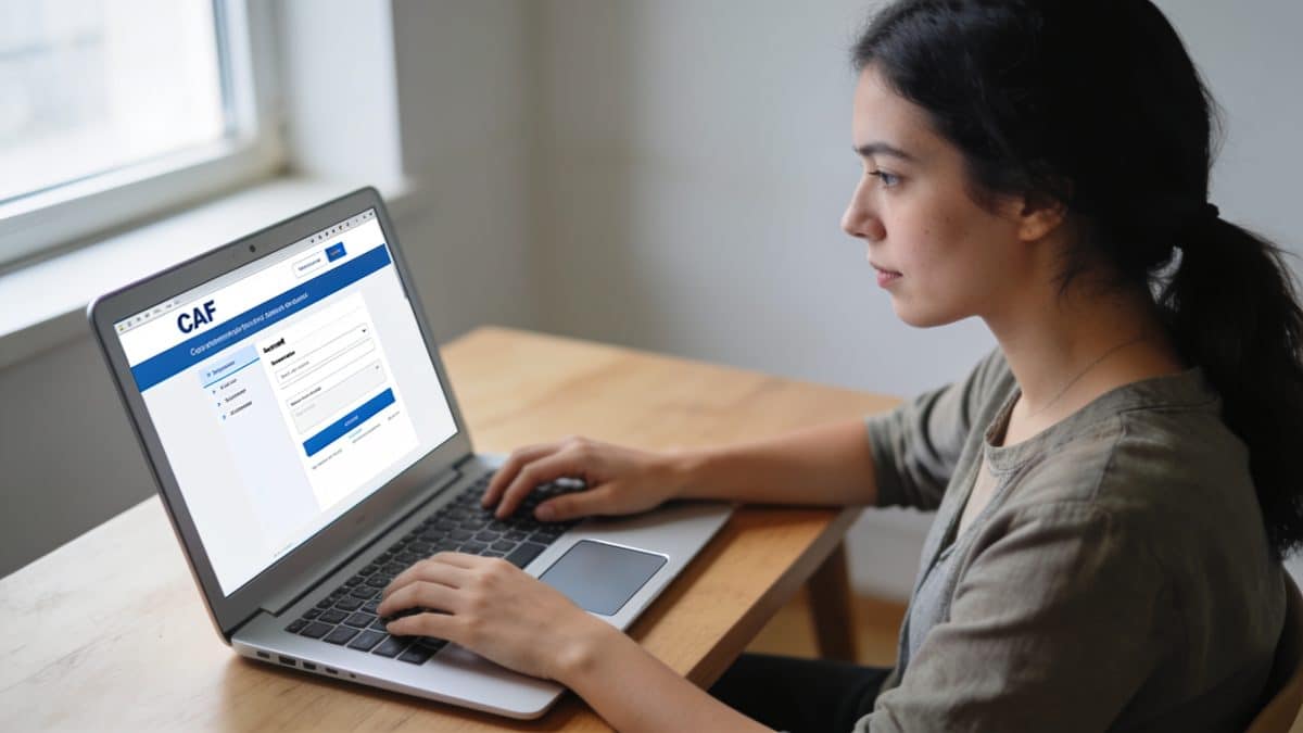 Femme consulte son compte CAF sur ordinateur portable