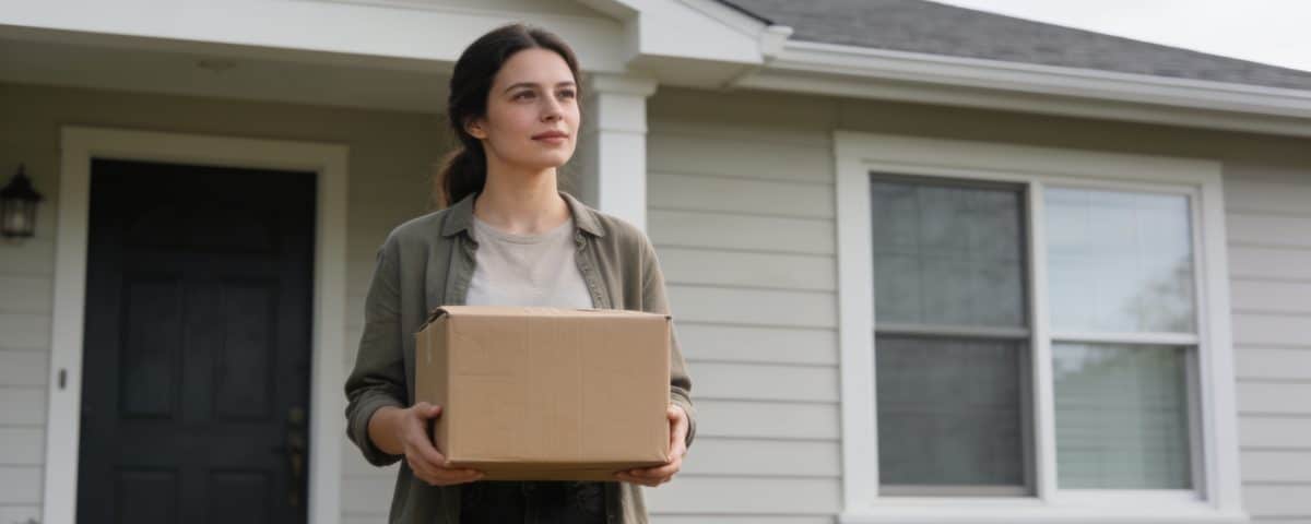 femme debout devant maison tenant carton colis