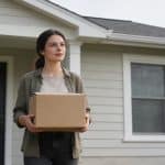 femme debout devant maison tenant carton colis