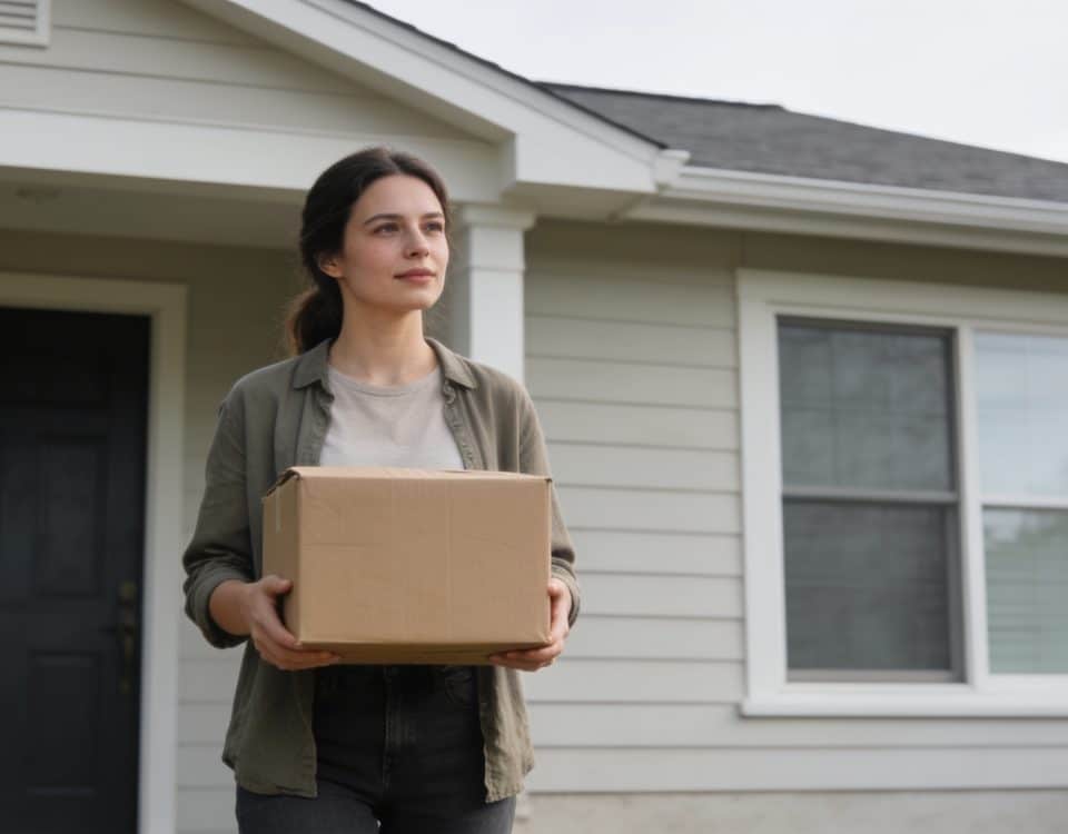 femme debout devant maison tenant carton colis