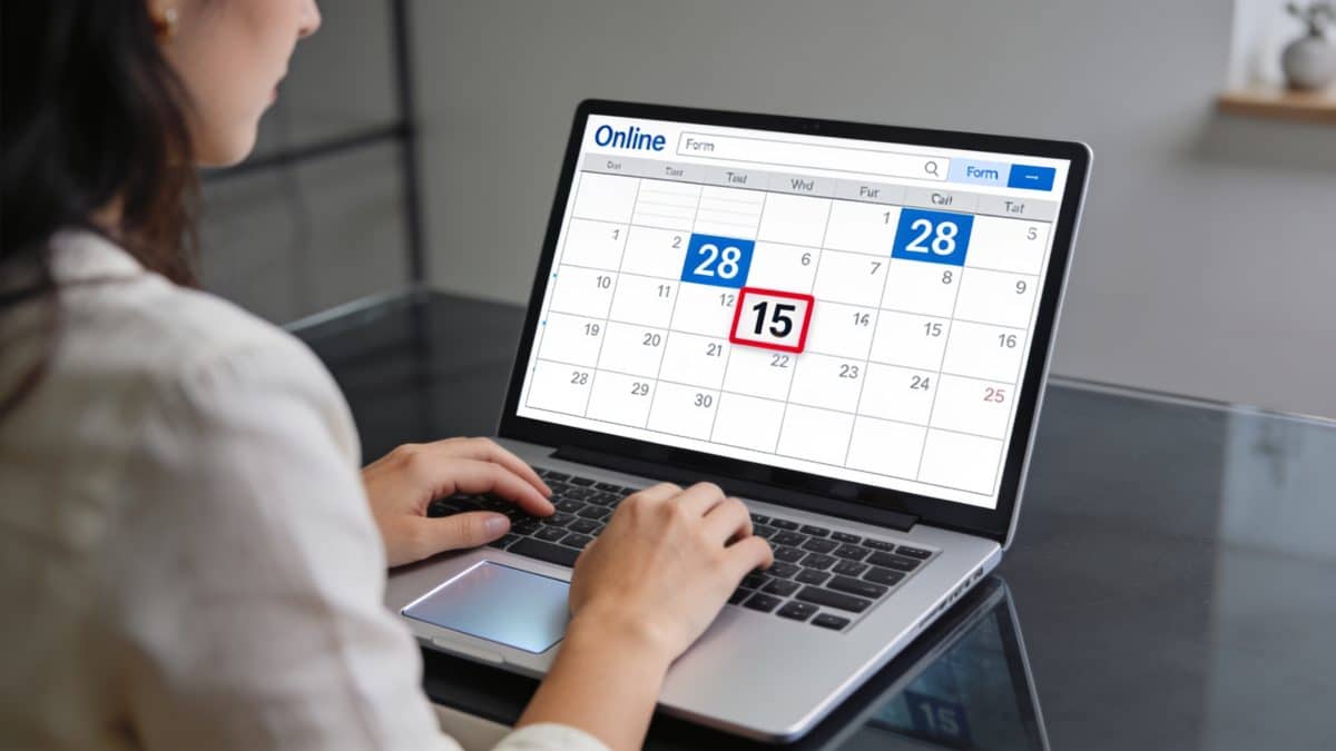 Femme remplissant formulaire en ligne calendrier affiche 28 15