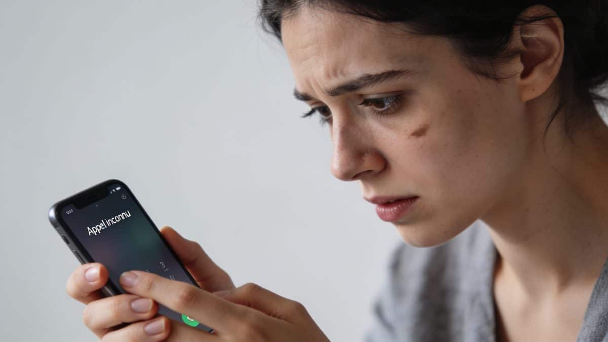 Femme inquiete regardant smartphone affichant appel inconnu