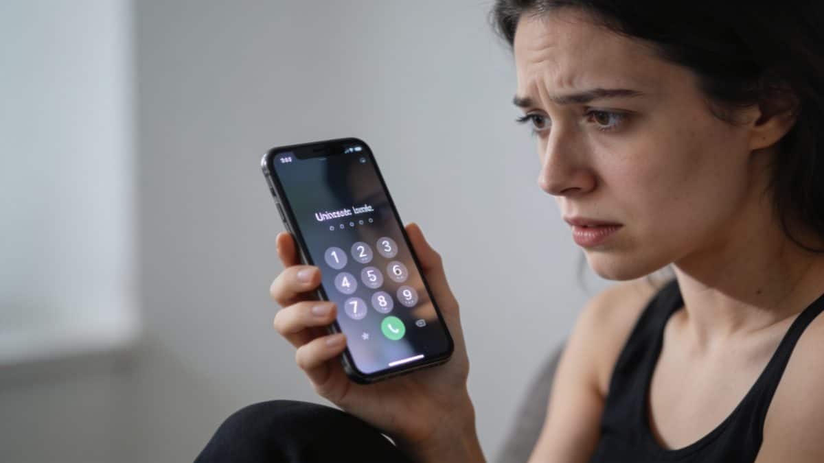 Femme inquietes regardant telephone affichant numero inconnu