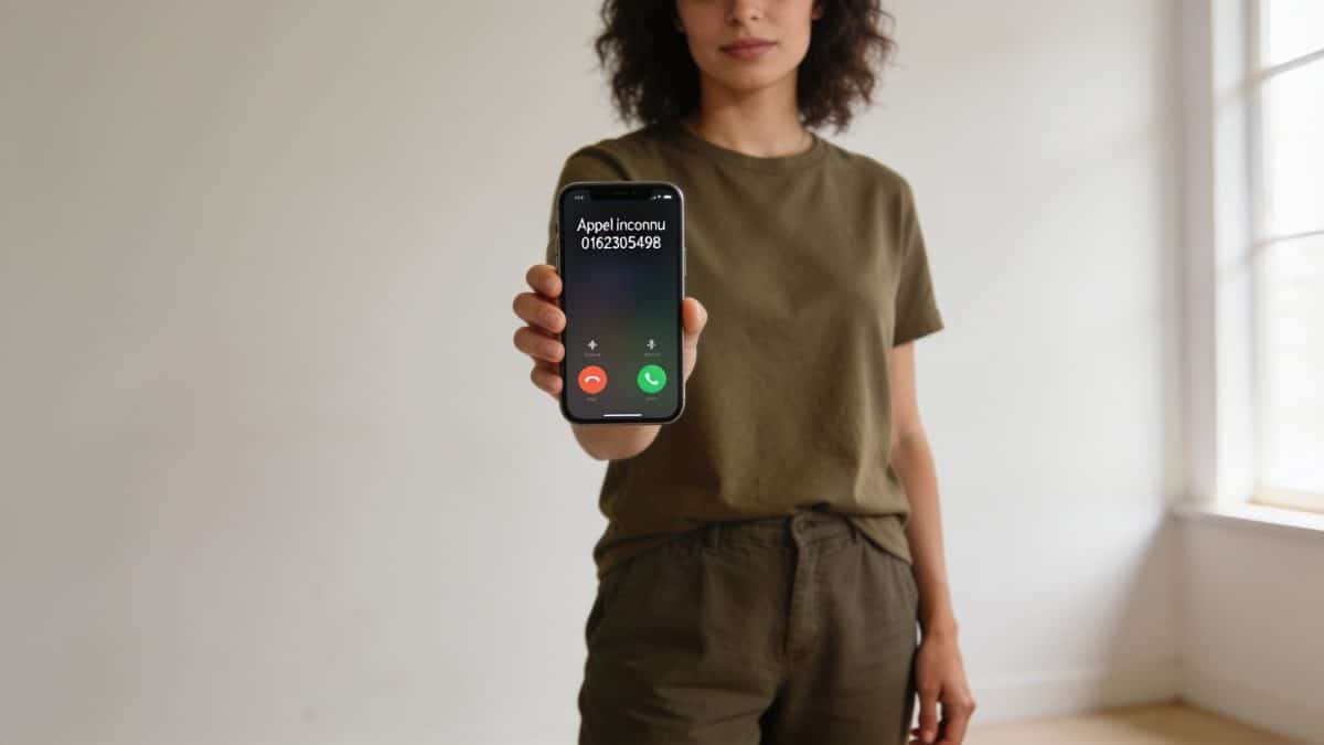 Femme devant smartphone affichant appel inconnu 0162305498