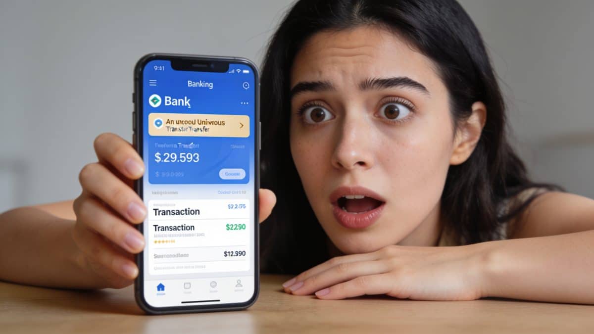Femme surprise devant application bancaire montrant virement inhabituel