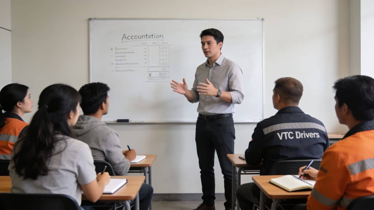 Formateur explique comptabilite a chauffeurs VTC en classe