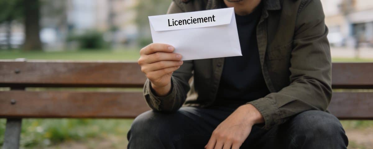 Homme assis sur un banc tenant une lettre de licenciement