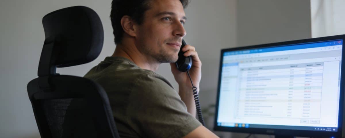 Homme assis devant ordinateur consultant details d appel