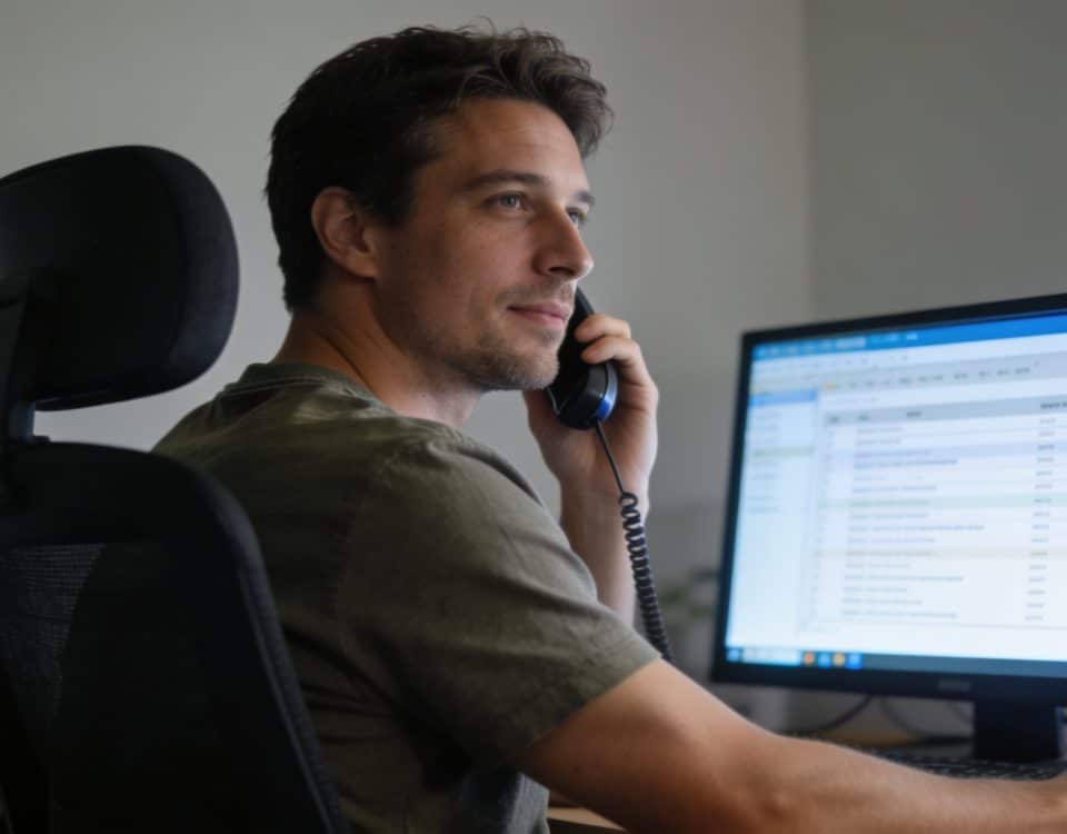 Homme assis devant ordinateur consultant details d appel