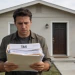 Homme inquiet montre dossier fiscal devant petite maison