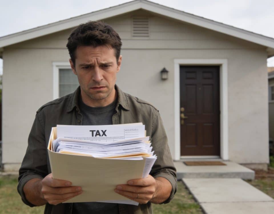 Homme inquiet montre dossier fiscal devant petite maison